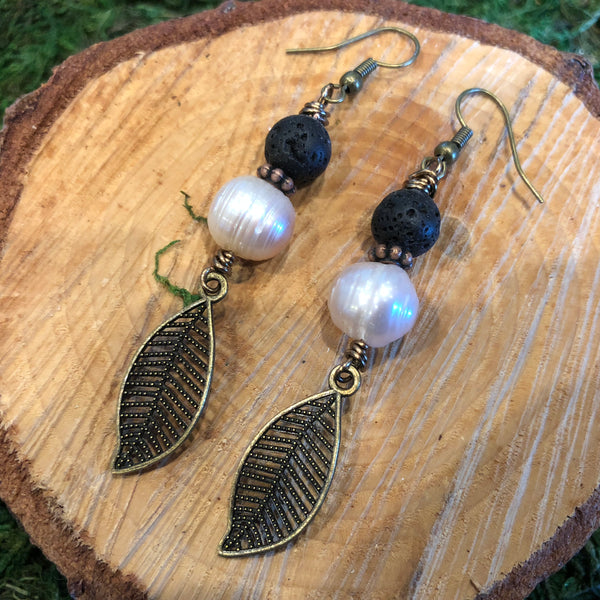 Essential oil diffuser earrings - antiqued bronze-leaf