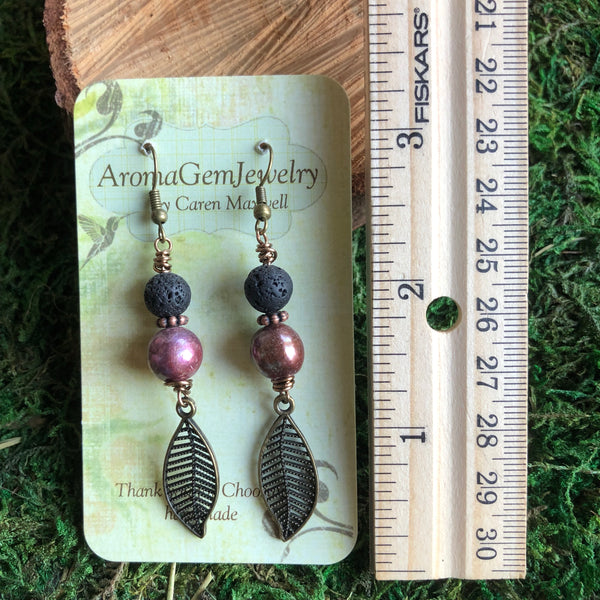 Essential oil diffuser earrings - antiqued bronze-leaf