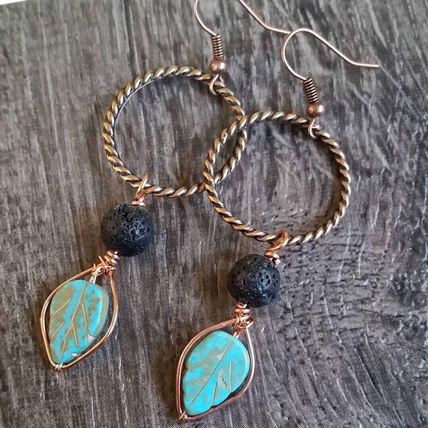 Essential oil diffuser earrings- fall leaves - blue magnesite & copper