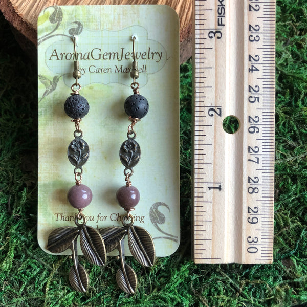 Essential oil diffuser earrings - antiqued bronze-leaf & fancy jasper