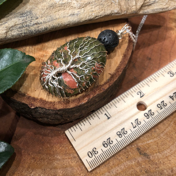 Essential oil diffuser necklace - handmade tree of life - Unakite