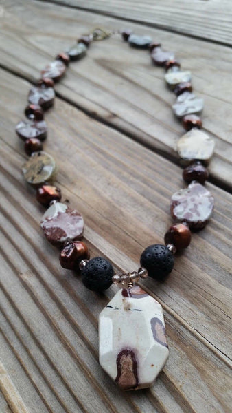 Essential oil diffuser necklace/earring set - Crazy Horse Jasper & cultured pearl
