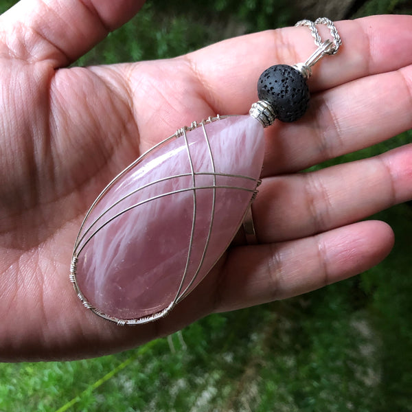 Essential Oil Diffuser Rose Quartz Wire Wrapped Necklace
