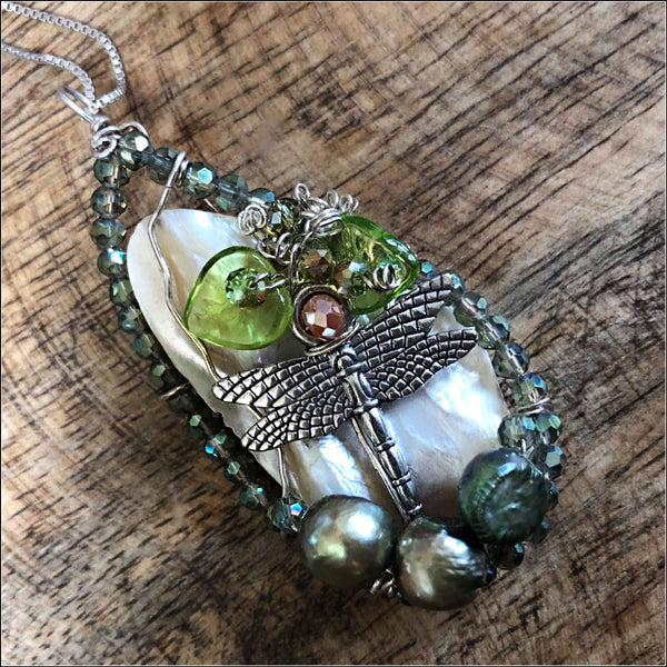 Intricate and gorgeous Wire wrapped cultured pearl dragonfly necklace - NOT AROMATHERAPY