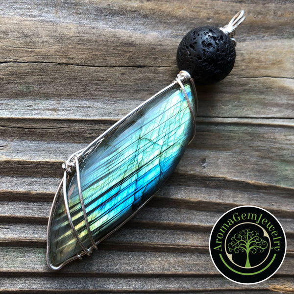 Essential oil diffuser pendant- sterling silver wire wrapped large Labradorite