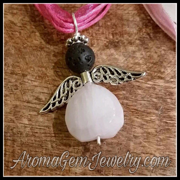 Essential oil diffuser necklace - rose quartz angel