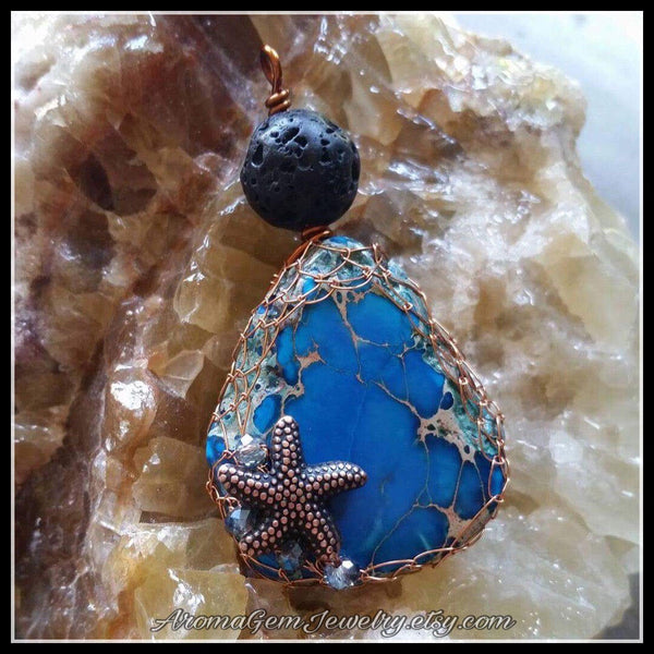 Essential oil diffuser necklace - blue Magnesite - Ocean Turquoise sand dollar