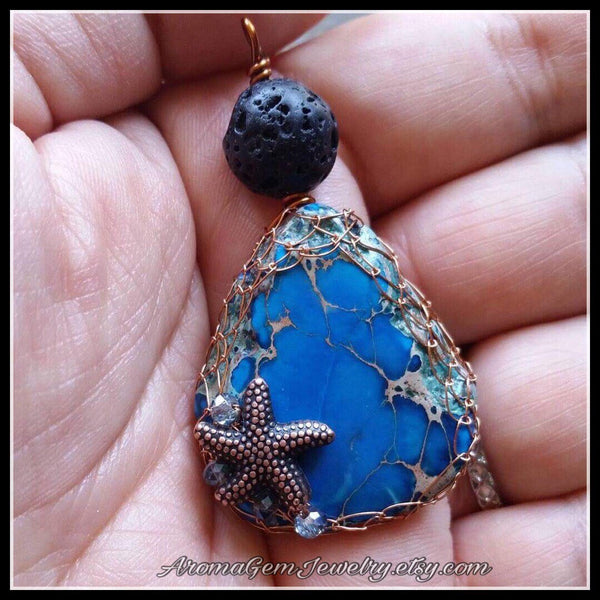 Essential oil diffuser necklace - blue Magnesite - Ocean Turquoise sand dollar