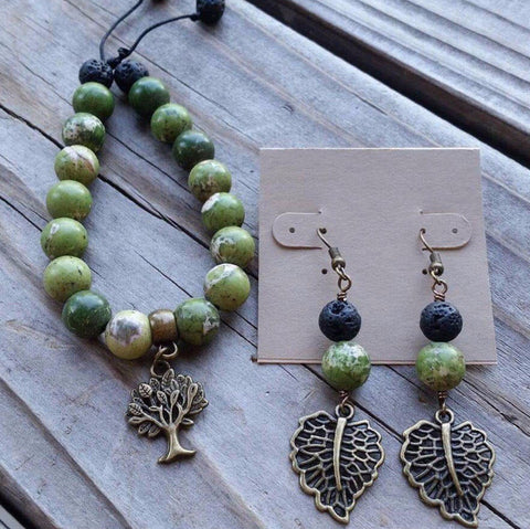 Essential oil diffuser bracelet/earring set-green sediment jasper-antiqued bronze