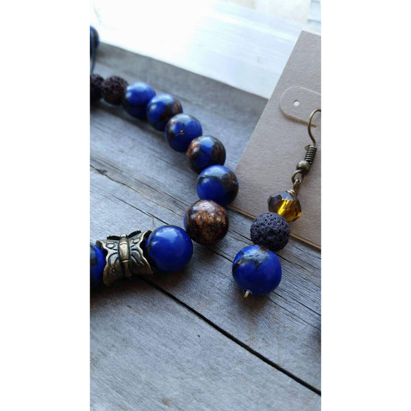 Essential oil diffuser bracelet/earring set-lapiz lazuli-butterfly