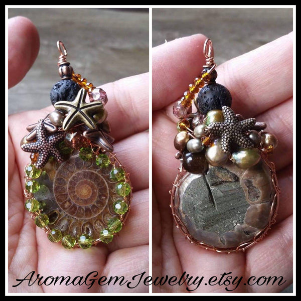 Essential oil diffuser necklace-Ammonite - wire wrapped copper