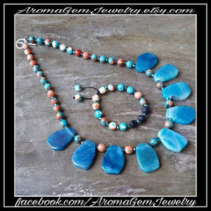 Essential oil diffuser necklace/Bracelet set - Ocean blue agate