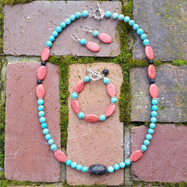 Essential oil diffuser necklace/bracelet/ earring set - Red Howlite and Magnesite