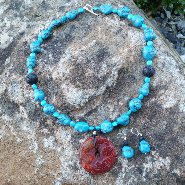 Essential oil diffuser necklace/earring set - blue Magnesite, agate