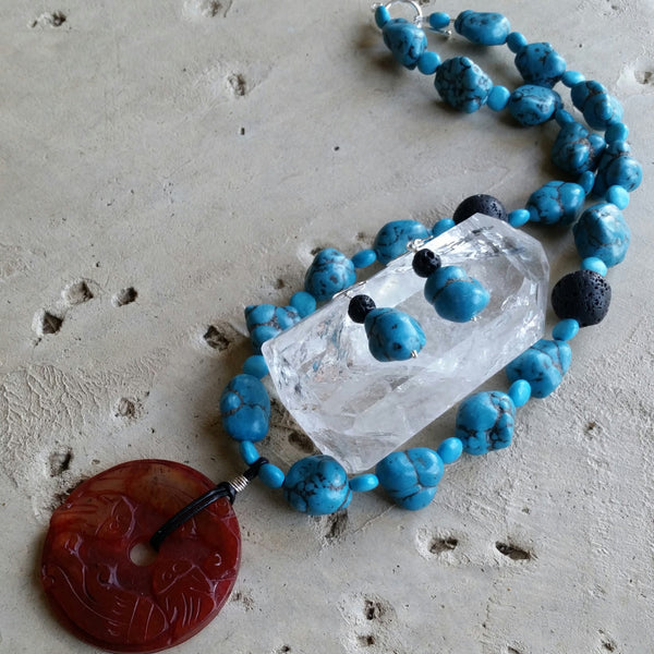 Essential oil diffuser necklace/earring set - blue Magnesite, agate