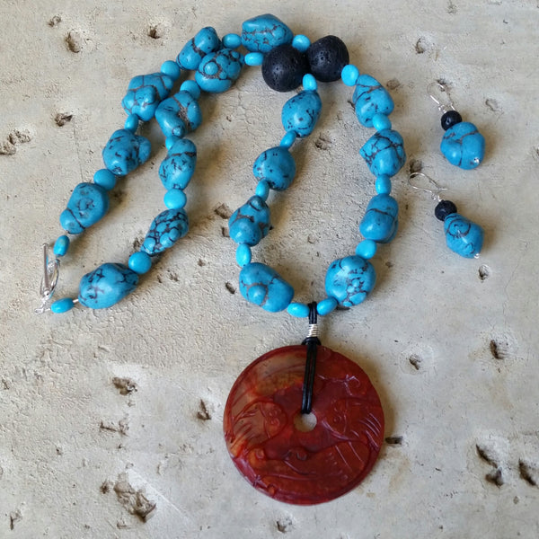 Essential oil diffuser necklace/earring set - blue Magnesite, agate