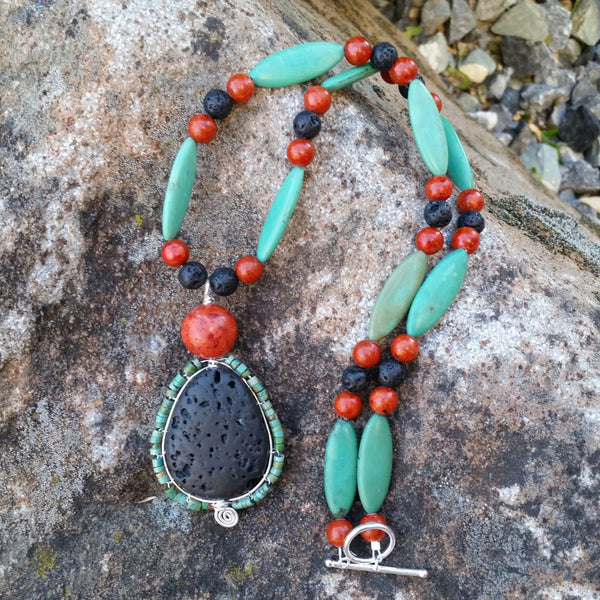 Essential oil diffuser necklace/earring set - blue Magnesite, red coral, wire wrapped