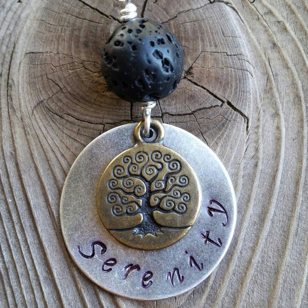Essential oil diffuser necklace - Hand stamped "Serenity" and Tree of Life
