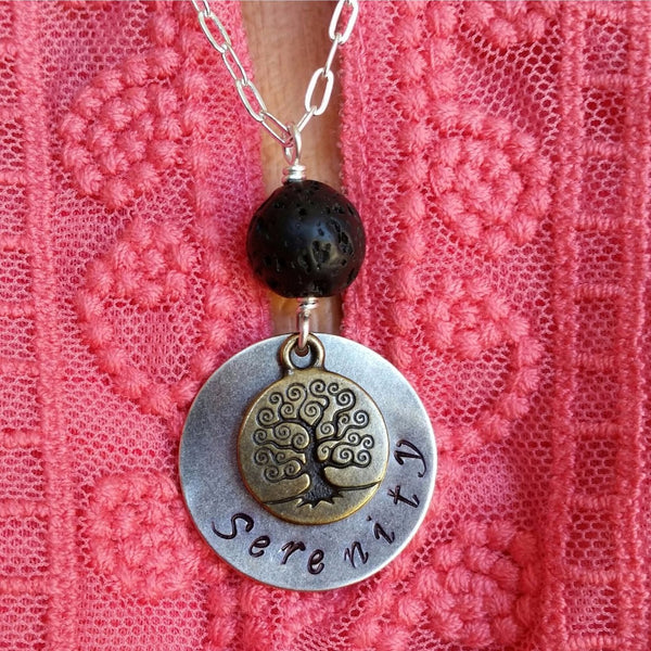 Essential oil diffuser necklace - Hand stamped "Serenity" and Tree of Life