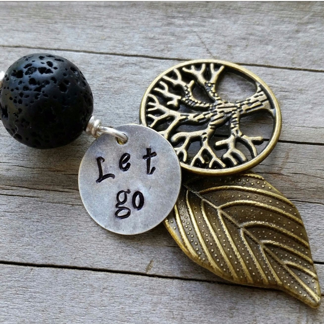 Essential oil diffuser necklace - Hand stamped "Let Go"- Tree of Life