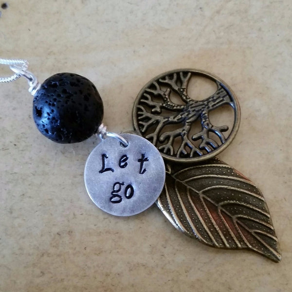 Essential oil diffuser necklace - Hand stamped "Let Go"- Tree of Life