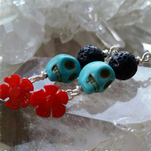 Essential oil diffuser earrings - blue Magnesite, red coral- skull - Sterling Silver