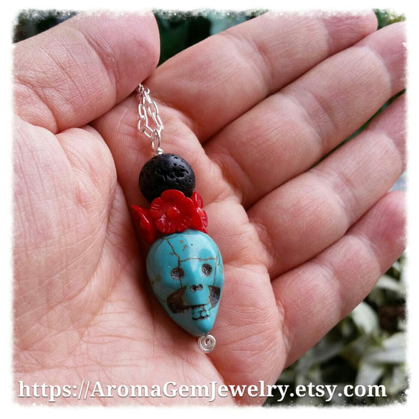 Essential oil diffuser necklace - blue Magnesite, red coral - skull - Sterling Silver