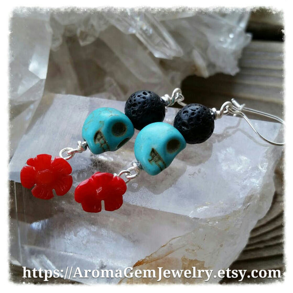 Essential oil diffuser earrings - blue Magnesite, red coral- skull - Sterling Silver