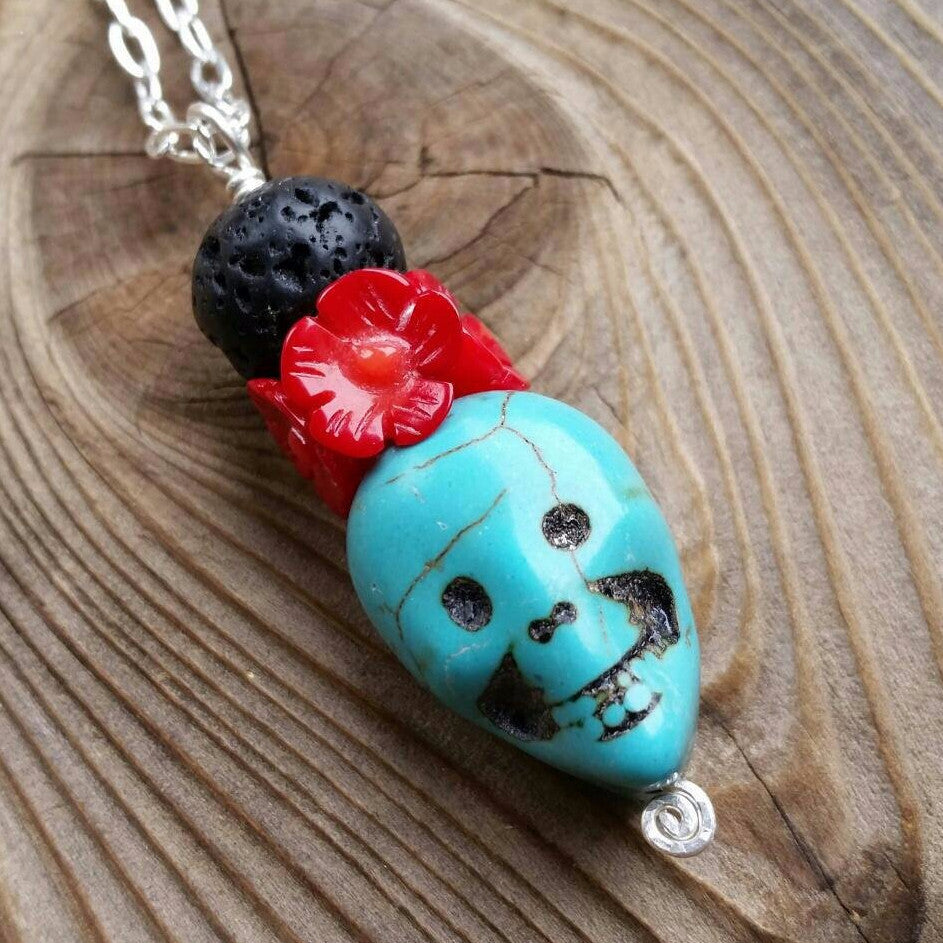 Essential oil diffuser necklace - blue Magnesite, red coral - skull - Sterling Silver