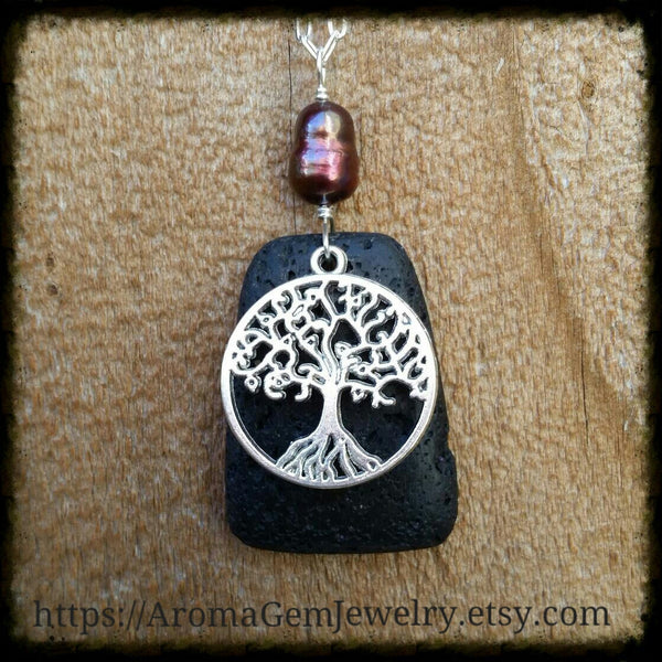 Essential oil diffuser necklace/earring set- cultured pearl- Tree of Life
