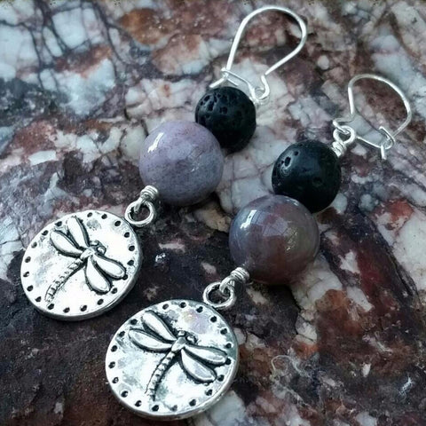 Essential oil diffuser earrings - Fancy Jasper -dragonfly- Sterling Silver