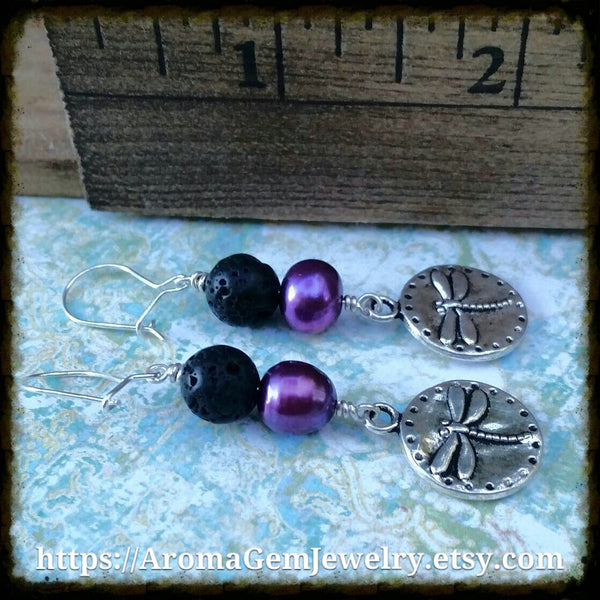 Essential oil diffuser earrings - purple cultured pearl - dragonfly - Sterling Silver earwire