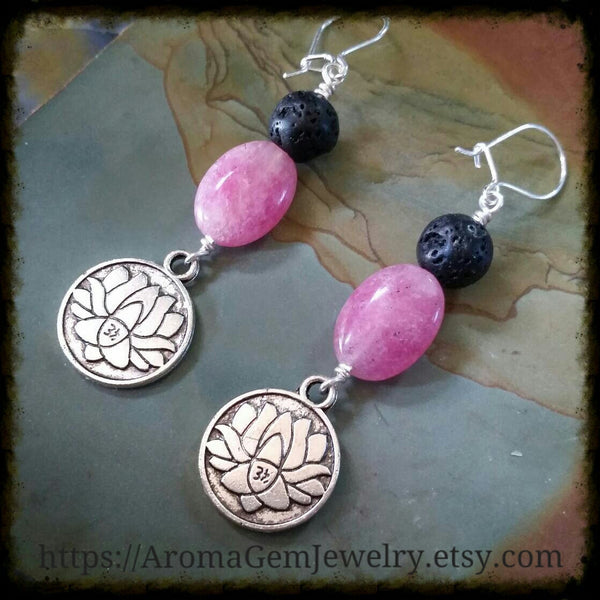 Essential oil diffuser earrings - pink quartz - lotus - Sterling Silver