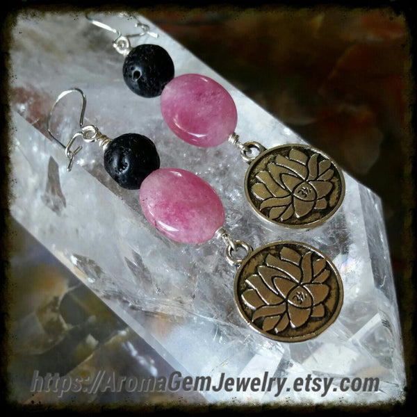 Essential oil diffuser earrings - pink quartz - lotus - Sterling Silver