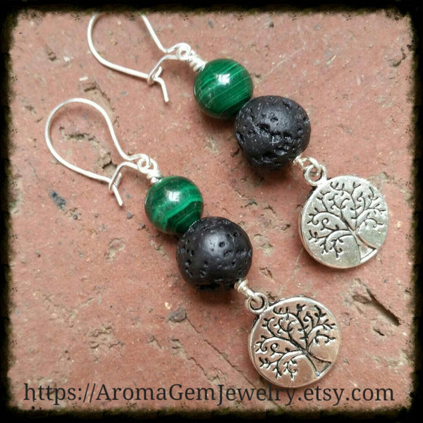 Essential oil diffuser earrings - Malachite - Tree of Life, Sterling Silver