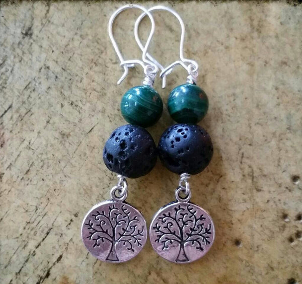 Essential oil diffuser earrings - Malachite - Tree of Life, Sterling Silver