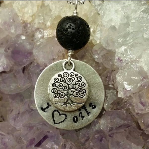 Essential oil diffuser necklace - Hand stamped "I (heart) oils"- Tree of life,