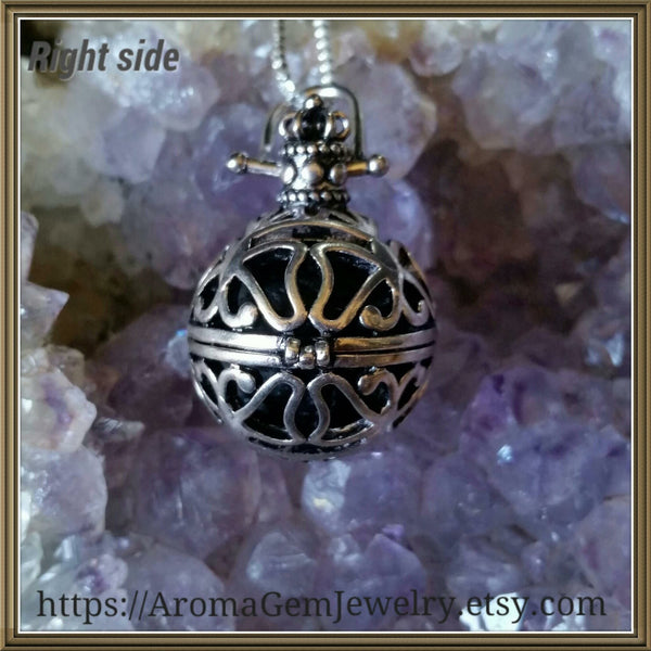 Essential oil diffuser necklace - bola, cage, antiqued silver finish