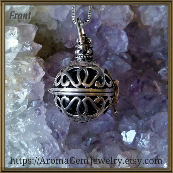 Essential oil diffuser necklace - bola, cage, antiqued silver finish