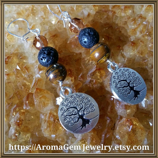 Essential oil diffuser earrings- Tiger Eye - Tree of Life