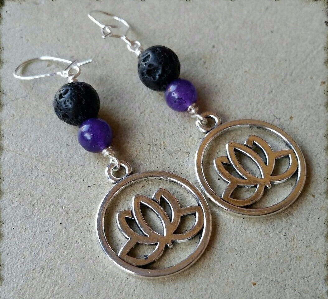 Essential oil diffuser earrings - dyed Quartz - lotus - Sterling Silver ear wire