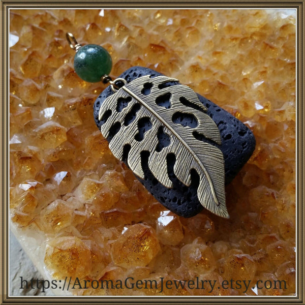 Essential oil diffuser necklace - Malaysia Jade - antiqued bronze - leaf
