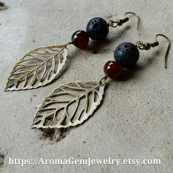 Essential oil diffuser earrings - red agate - antiqued bronze- leaf