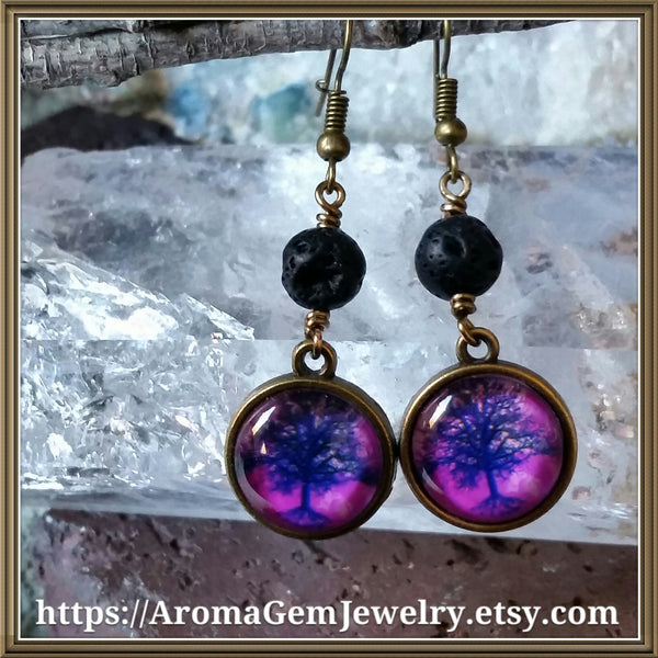 Essential oil diffuser earrings - antiqued bronze - Tree of Life