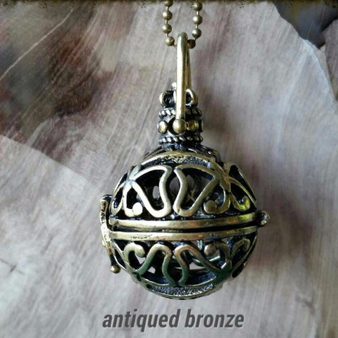 Essential oil diffuser necklace - bola, cage, antiqued bronze