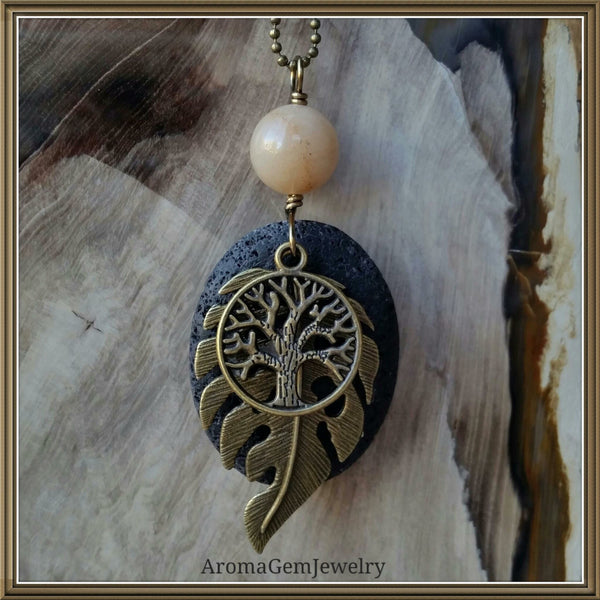 Essential oil diffuser necklace - yellow Calcite - leaf - tree of life