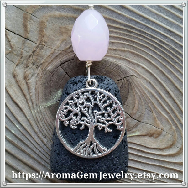 Essential oil diffuser necklace - Rose Quartz - Tree of Life - wire wrapped - Sterling silver