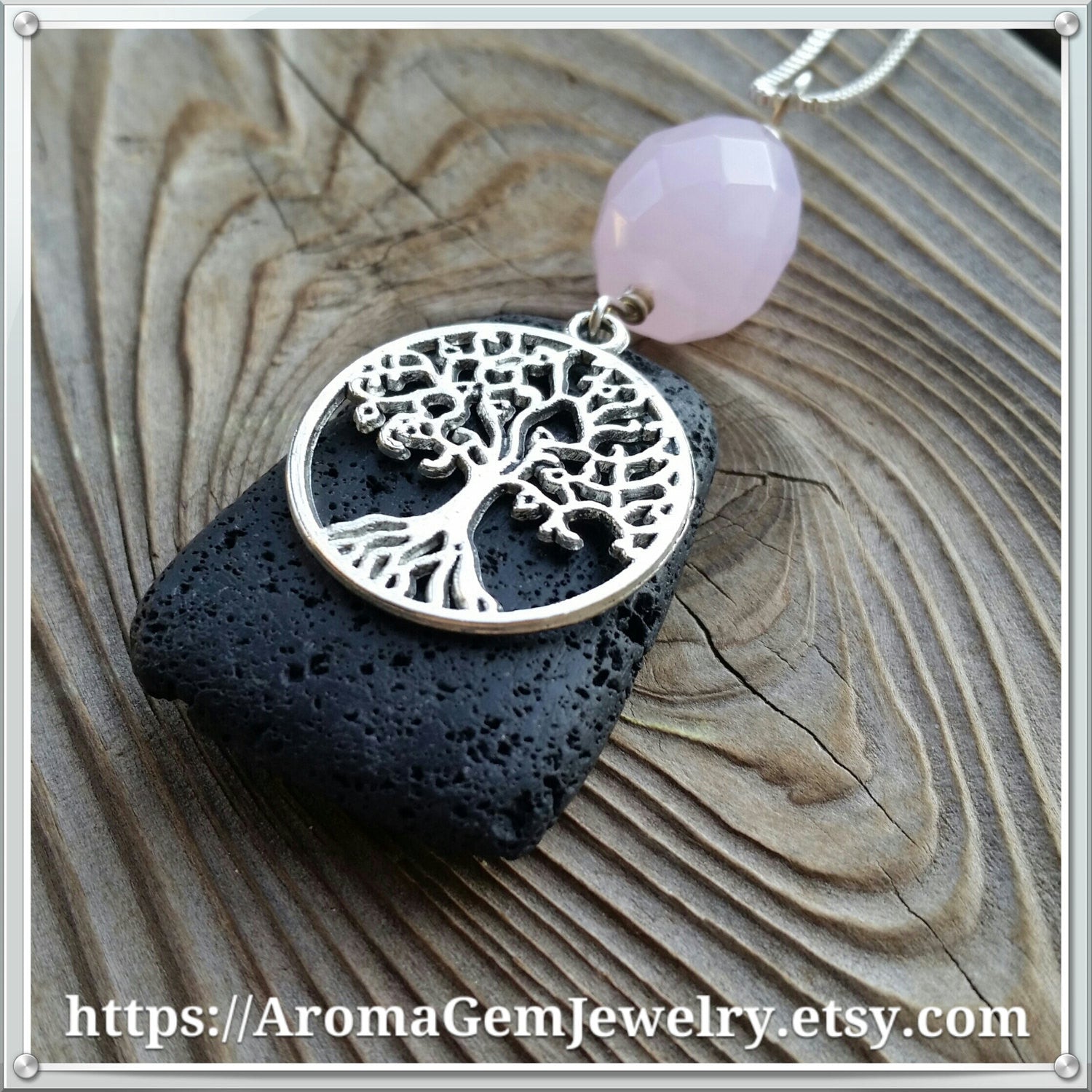 Essential oil diffuser necklace - Rose Quartz - Tree of Life - wire wrapped - Sterling silver