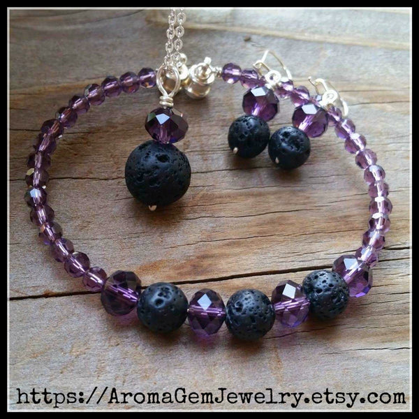 Essential oil diffuser necklace/bracelet/earring set-amethyst purple Crystal - magnetic clasp