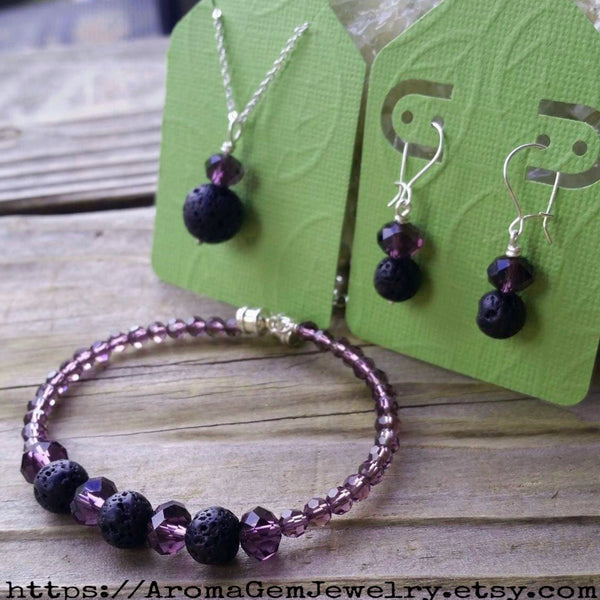 Essential oil diffuser necklace/bracelet/earring set-amethyst purple Crystal - magnetic clasp